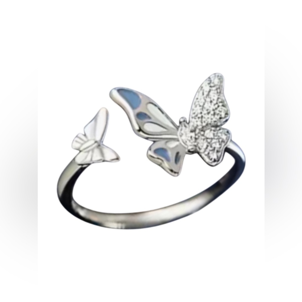 S925 Blue Spotted Double Butterfly Open Ring